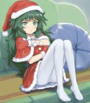  3: blush capelet christmas closed_mouth commentary_request couch full_body gloves green_eyes green_hair half-closed_eyes hat hiyajou_maho looking_at_viewer menomorute no_shoes on_couch pantyhose pillow santa_costume santa_hat sitting solo steins;gate steins;gate_0 wavy_mouth white_legwear 