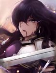  aira_(fire_emblem) armor black_hair blood breastplate earrings elbow_gloves fire_emblem fire_emblem:_seisen_no_keifu gloves jewelry leonmandala long_hair purple_eyes solo sword weapon 