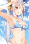  arm_up armpits bangs bare_arms bare_shoulders bikini black_horns blue_bikini blue_sky blush breasts cleavage cloud cloudy_sky commentary_request day eyebrows_visible_through_hair fate/grand_order fate_(series) frilled_bikini frills hair_between_eyes hair_ornament halter_top halterneck highres horns kiyohime_(fate/grand_order) long_hair looking_at_viewer medium_breasts multiple_horns navel open_mouth outdoors ponytail red_eyes sidelocks silver_hair sky solo swimsuit very_long_hair yuzuzukushi 