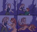  2017 anthro breasts canine claws clothed clothing comic duo featureless_breasts female forest hair human human_to_anthro long_hair loss mammal meme nude open_mouth outside sad sharkrags standing tail_growth transformation tree were werewolf worried yellow_sclera 