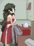  bag bare_arms bare_shoulders bed bed_sheet bedroom blush breasts cleavage commentary_request eyebrows from_side green_eyes green_hair half-closed_eyes highres hiyajou_maho indoors lingerie long_hair menomorute messy_hair nightgown panties plastic_bag small_breasts solo standing steins;gate steins;gate_0 underwear very_long_hair white_panties 