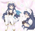  1girl alternate_costume animal animal_ears animal_hood blue_hair blush breasts bunny bunny_ears bunny_hood bunnysuit cleavage collar easter_egg egg fire_emblem fire_emblem:_kakusei fire_emblem_heroes flower frilled_collar frills hair_flower hair_ornament holding holding_animal hood long_hair looking_at_viewer lucina nintendo pantyhose plushcharm puffy_short_sleeves puffy_sleeves short_sleeves sitting small_breasts symbol-shaped_pupils very_long_hair white_legwear 