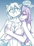  2018 anthro bedroom_eyes breast_grab breasts canine chest_tuft female female/female gradient_background hair half-closed_eyes hand_on_breast heresy_(artist) hot_spring hug hugging_from_behind human human_on_anthro interspecies keidran mammal maren_taverndatter monochrome nude purple_hair raine_(twokinds) seductive simple_background sketch smile speech_bubble surprise text towel tuft twokinds water webcomic wet wet_hair wolf 