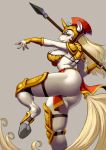  2018 anthro armor breasts butt clothed clothing equine female gauntlets gloves hair helmet hooves horn horse invalid_tag mammal mane melee_weapon polearm pony psycoil_(artist) red_eyes side_boob skimpy spear warrior weapon 