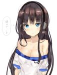  azur_lane bare_shoulders black_hair blue_eyes breasts cleavage commentary_request eyebrows_visible_through_hair headphones long_hair long_island_(azur_lane) medium_breasts morikawa_(futomayu) off-shoulder_shirt parted_lips shirt sidelocks simple_background sketch solo thought_bubble translation_request white_background 
