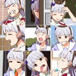  bangs biting blunt_bangs bow carrot ear_ribbon expressions gold_ship grin hat horse_ears horse_girl hose kidachi open_mouth peeking_out petting purple_eyes rope school_uniform silver_hair smile tongue tongue_out track_suit umamusume 