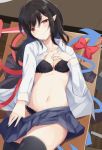  asymmetrical_wings black_bra black_hair black_legwear black_panties blue_skirt blue_wings bow bowtie bowtie_removed bra breasts cleavage collarbone commentary_request cowboy_shot from_above hand_on_own_chest head_tilt houjuu_nue igakusei lace lace-trimmed_bra lace-trimmed_panties long_hair long_sleeves looking_at_viewer lying miniskirt navel on_back open_clothes open_shirt panties pleated_skirt pointy_ears red_bow red_eyes red_wings shirt skirt smile solo stomach table thighhighs thighs touhou underwear white_shirt wings wooden_floor work_in_progress 