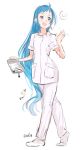  :d alternate_costume blue_eyes blue_hair failure full_body heart highres holding holding_tray kantai_collection long_hair lynchis nurse open_mouth samidare_(kantai_collection) short_sleeves simple_background smile solo speech_bubble spill tray twitter_username very_long_hair walking white_background 