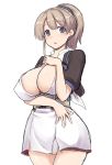  absurdres belt black_shirt blue_eyes breasts brown_hair cowboy_shot eyebrows_visible_through_hair highres intrepid_(kantai_collection) kantai_collection kokutou_nikke large_breasts looking_at_viewer open_clothes open_mouth open_shirt ponytail shirt short_hair simple_background skirt solo white_background white_shirt white_skirt 