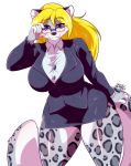  2018 anthro big_breasts black_fur black_nose blonde_hair blue_eyes blush breasts clothed clothing eyewear feline female fur glasses grey_fur hair hi_res leopard long_hair looking_at_viewer mammal miniskirt ryousakai simple_background skirt smile snow_leopard solo spots standing thick_thighs voluptuous white_background white_fur wide_hips 