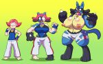  2018 anthro barefoot big_breasts blush breast_expansion breasts clothed clothing collar female growth hair huge_breasts human human_to_anthro lucario mammal maylene_(pok&eacute;mon) navel nintendo nipples pants pok&eacute;mon pok&eacute;mon_(species) prinnydood red_hair sequence shocked simple_background solo standing tongue tongue_out topless torn_clothing transformation video_games yellow_background 