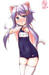  animal_ears artist_logo blue_eyes blue_swimsuit cat_ears cat_tail commentary_request crescent crescent_hair_ornament dated hair_ornament highres kanon_(kurogane_knights) kantai_collection md5_mismatch name_tag one-piece_swimsuit paw_pose purple_hair school_swimsuit short_hair short_hair_with_long_locks simple_background solo swimsuit tail thighhighs white_background white_legwear yayoi_(kantai_collection) 