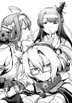  ahoge commentary_request flower fusou_(kantai_collection) glasses greyscale headband kantai_collection kikumon kongou_(kantai_collection) lineart long_hair looking_at_viewer looking_to_the_side mast monochrome multiple_girls musashi_(kantai_collection) short_hair smile tk_(takotsuboya) transparent_bangs type_91_armor-piercing_shell 