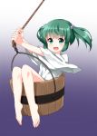  :d bangs bare_legs barefoot blush bucket commentary_request eyebrows_visible_through_hair full_body gradient gradient_background green_eyes green_hair hair_bobbles hair_ornament highres japanese_clothes kimono kisume long_sleeves looking_at_viewer open_mouth purple_background rope ruu_(tksymkw) short_hair sidelocks sitting smile solo swinging touhou twintails white_kimono wooden_bucket 