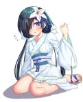  absurdres black_hair bow chinese_clothes commentary cosplay eyepatch fate/grand_order fate_(series) flower hair_bow hair_flower hair_ornament hair_over_one_eye hanfu highres jing_ke_(fate/grand_order) jing_ke_(fate/grand_order)_(cosplay) long_sleeves low_twintails mkon mochizuki_chiyome_(fate/grand_order) one_eye_covered open_mouth purple_eyes sandals sitting solo twintails wariza white_bow white_flower wide_sleeves 