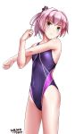  artist_name blue_eyes competition_swimsuit covered_navel cowboy_shot dated hair_ribbon highres kantai_collection looking_at_viewer one-piece_swimsuit pink_hair ponytail purple_swimsuit remodel_(kantai_collection) ribbon shiranui_(kantai_collection) short_hair simple_background solo stretch striped striped_swimsuit swimsuit tsuchimiya white_background white_ribbon 