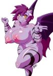  2018 anthro areola bat_pony big_breasts big_nipples black_fur breasts female fur hair looking_at_viewer nipples purple_hair ryousakai short_hair simple_background smile solo stripes thick_thighs voluptuous white_background white_fur wide_hips wings yellow_eyes 