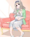  absurdres blue_eyes book breasts commentary_request couch darling_in_the_franxx dress eyebrows_visible_through_hair hairband hand_on_own_stomach highres k-1783 kokoro_(darling_in_the_franxx) long_hair medium_breasts pregnant sitting smile solo spoilers white_dress 