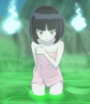  black_hair blush body_blush closed_mouth collarbone gegege_no_kitarou hanako-san_(gegege_no_kitarou) haruyama_kazunori hitodama looking_down naked_towel onsen pink_towel purple_eyes short_hair solo towel wading water 