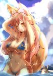  &lt;o&gt;_&lt;o&gt; animal_ear_fluff animal_ears bikini blue_bikini breasts cleavage collarbone cosplay fate/grand_order fate_(series) fox_ears fox_tail hand_in_hair jackal_ears large_breasts long_hair medjed medjed_(cosplay) multiple_girls navel nitocris_(fate/grand_order) nitocris_(swimsuit_assassin)_(fate) ocean one_eye_closed pink_hair side-tie_bikini swimsuit tail tamamo_(fate)_(all) tamamo_no_mae_(swimsuit_lancer)_(fate) very_long_hair yellow_eyes ymk 