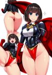  ass black_hair blue_eyes blush bob_cut breasts cape clenched_hand commentary_request covered_navel eyebrows_visible_through_hair gloves highleg highleg_leotard highres ishimiso_(ishimura) large_breasts leotard looking_at_viewer multiple_views nose_blush open_mouth original red_cape shiny shiny_clothes shiny_skin short_hair smile sparkle superhero thong_leotard 