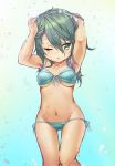  ass_visible_through_thighs bikini blue_background blue_bikini breasts cheese_(cheese_koubou) collarbone cowboy_shot eyebrows_visible_through_hair front-tie_top gradient gradient_background green_eyes green_hair hair_between_eyes hand_on_own_head highres kantai_collection kiso_(kantai_collection) lowleg lowleg_bikini navel no_eyepatch one_eye_closed plaid plaid_bikini school_uniform serafuku short_hair side-tie_bikini solo standing swimsuit thigh_gap underboob wet 