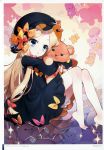  abigail_williams_(fate/grand_order) absurdres bangs barefoot black_bow black_dress black_hat blonde_hair bloomers blue_eyes bow bug butterfly dress eyebrows_visible_through_hair fate/grand_order fate_(series) forehead hair_bow hat head_tilt highres insect long_hair long_sleeves object_hug orange_bow parted_bangs parted_lips pink_bow polka_dot polka_dot_bow red_bow sitting sleeves_past_wrists solo sparkle stuffed_animal stuffed_toy teddy_bear toenails underwear very_long_hair white_bloomers zinno 