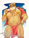  2018 anthro bear belly blush brown_fur bulge clothed clothing eyewear fundoshi fur glasses japanese_clothing japanese_text male mammal nipples open_shirt slightly_chubby solo text tokyo_afterschool_summoners towel underwear volos 