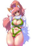  1girl animal_ears bare_legs bare_shoulders breasts cat_ears cat_girl cleavage cleavage_cutout curvy female happy highleg highleg_leotard highres large_breasts leotard looking_at_viewer partially_visible_vulva paw_print perisie_(star_ocean) pink_hair ponytail red_eyes ryoi shiny shiny_hair shiny_skin simple_background smile solo star_ocean star_ocean_first_departure thick_thighs thighhighs thighs thong_leotard upper_body very_long_hair white_background 
