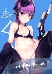  absurdres bikini black_footwear blue_background blush boots breasts cleavage closed_mouth commentary_request eyebrows_visible_through_hair fate/grand_order fate_(series) gun hat headphones helena_blavatsky_(fate/grand_order) helena_blavatsky_(swimsuit_archer)_(fate) highres holding holding_gun holding_weapon innertube looking_at_viewer military_hat nanakaku navel ponytail purple_eyes purple_hair short_hair small_breasts smile solo stomach swimsuit thigh_boots thighhighs transparent ufo underboob weapon 