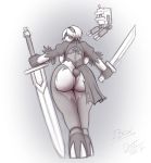  2017 anthro bear big_breasts big_butt blindfold breasts butt butt_pose drxii duo female floating huge_breasts looking_back machine mammal melee_weapon nier_automata panda rear_view robot simple_background standing sword weapon yorha_2b 