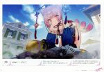  absurdres atelier_(series) atelier_lydie_&amp;_suelle bare_shoulders blush building city cornelia_(atelier) dalachi_(headdress) day frills game_cg giantess hair_ornament highres japanese_clothes kimono looking_at_viewer noco_(adamas) official_art pink_eyes pink_hair road scan short_hair sky sleeves_past_wrists solo street 