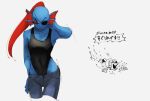  anthro bare_shoulders blue_skin clothed clothing eye_patch eyewear female fish hair japanese_text leotard marine pants ponytail red_hair simple_background sketch solo text translated undertale undyne video_games white_background 