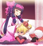  black_hair blonde_hair blush closed_eyes crown flower_knight_girl hug lap_pillow long_hair mini_crown mizunashi_(second_run) multiple_girls onamomi_(flower_knight_girl) petting shakuyaku_(flower_knight_girl) tears 