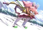  breasts cape flower_knight_girl gloves goggles long_hair mizunashi_(second_run) pink_hair skiing skis smile snow stock_(flower_knight_girl) 