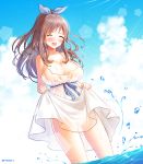  bangs blush breasts brown_hair closed_eyes cloud day dress highres idolmaster idolmaster_shiny_colors large_breasts long_hair melomelo_d open_mouth outdoors ponytail sidelocks skirt_hold sky solo tsukioka_kogane twitter_username wading water wet wet_clothes white_dress 