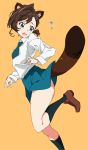  animal_ears aqua_neckwear aqua_skirt black_legwear blue_eyes blush brown_footwear brown_hair commentary_request gegege_no_kitarou hair_ornament hairclip inuyama_mana kneehighs loafers long_sleeves looking_to_the_side necktie open_mouth raccoon_ears raccoon_tail shirt shoes short_hair simple_background skirt solo standing standing_on_one_leg tail tail_lift umanosuke wavy_mouth white_shirt yellow_background 