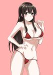  akagi_(kantai_collection) bare_shoulders bikini black_hair breasts collarbone cowboy_shot eyebrows_visible_through_hair hand_on_hip highres kantai_collection large_breasts long_hair looking_at_viewer nakura_haru navel pink_background red_bikini simple_background smile solo stomach straight_hair swimsuit 