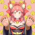 &gt;:) animal_ear_fluff animal_ears bare_shoulders bell bell_collar blush bow breasts cat_paws cleavage collar fang fang_out fate/grand_order fate_(series) fox_ears gloves hair_bow highres japanese_clothes kimono looking_at_viewer obi off_shoulder paw_gloves paws pink_hair ponytail red_bow red_collar red_kimono sash smile solo tamamo_(fate)_(all) tamamo_cat_(fate) upper_body wan_ban yellow_eyes 