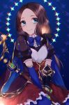  1girl bangs blue_cape blue_eyes blue_gloves blue_legwear blue_neckwear bow bowtie brown_cape brown_hair cape closed_mouth commentary_request crescent eburidei_hitomigokuu elbow_gloves fate/grand_order fate_(series) forehead gauntlets gloves highres holding holding_staff leonardo_da_vinci_(fate/grand_order) long_hair multicolored multicolored_cape multicolored_clothes pantyhose parted_bangs puff_and_slash_sleeves puffy_short_sleeves puffy_sleeves red_skirt shirt short_sleeves single_gauntlet single_glove skirt smile solo staff underbust white_shirt 