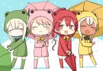  :&lt; :d ^_^ ^o^ alternate_costume animal_costume bad_id bad_pixiv_id bangs blonde_hair blush boots bow bowtie closed_eyes coat commentary_request dual_persona engiyoshi flower frog_costume green_coat hair_between_eyes holding holding_umbrella i-168_(kantai_collection) i-58_(kantai_collection) kantai_collection knee_boots long_sleeves multiple_girls open_mouth pink_coat pink_hair raincoat red_coat red_eyes red_hair ro-500_(kantai_collection) rubber_boots smile tan u-511_(kantai_collection) umbrella v-shaped_eyebrows water_drop white_hair yellow_coat 