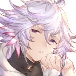 ahoge bangs closed_mouth fate/grand_order fate_(series) hair_between_eyes hair_ornament head_rest lavender_hair long_hair male_focus merlin_(fate) mirei_kh13 purple_eyes simple_background solo turtleneck upper_body white_background 