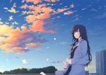  black_hair building clouds long_hair original petals ryuga_(balius) sky 