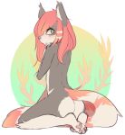  2018 anthro blush butt butt_pose canine fluffy fluffy_tail fredek666 hair hand_on_chest hybrid kneeling long_hair long_tail looking_back mammal nude pink_hair procyonid raccoon rear_view rikki shy simple_background sitting wolf 