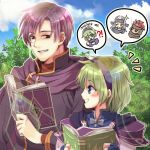  blue_eyes blush book canas cape fire_emblem fire_emblem:_rekka_no_ken fire_emblem_heroes forest gloves green_hair hairband if_oki jaffar_(fire_emblem) legault multiple_boys nature nino_(fire_emblem) open_mouth pegasus_knight protected_link purple_hairband red_hair scar short_hair smile uncle_and_niece 