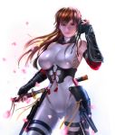  1girl bare_shoulders breasts brown_eyes brown_hair dead_or_alive kasumi_(doa) large_breasts long_hair sakura_petals solo 