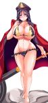  bangs bikini blush breasts commentary_request cosplay curvy fate/grand_order fate_(series) huge_breasts katana long_hair looking_at_viewer minamoto_no_raikou_(fate/grand_order) misakana oda_nobunaga_(fate) oda_nobunaga_(swimsuit_berserker)_(fate) oda_nobunaga_(swimsuit_berserker)_(fate)_(cosplay) over_shoulder parted_bangs purple_eyes purple_hair swimsuit sword very_long_hair weapon 