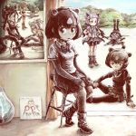  absurdres album_cover animal_ears ankle_boots bangs bara_bara_(pop_pop) bare_shoulders bear_ears bear_girl bear_tail bergman's_bear_(kemono_friends) black_sports_bra bob_cut boots bow bowtie breasts bridle brown_bear_(kemono_friends) brown_eyes brown_hair brown_sports_bra brown_thoroughbred_(kemono_friends) chestnut_thoroughbred_(kemono_friends) cleavage collared_shirt commentary cover curly_hair day elbow_gloves expressionless extra_ears ezo_brown_bear_(kemono_friends) fingerless_gloves gloves hands_on_hips hatching_(texture) high_heel_boots high_heels highres horse_ears horse_girl horse_tail japanese_black_bear_(kemono_friends) kemono_friends legs_up long_hair looking_at_viewer lying medium_breasts midriff miniskirt multicolored_hair multiple_girls navel necktie on_back on_ground open_mouth open_toe_shoes outdoors parody penguins_performance_project_(kemono_friends) pink_floyd plains_zebra_(kemono_friends) pleated_skirt ponytail pun record recursion shirt shoes short_hair short_sleeves sitting sketch skirt small_breasts sneakers sports_bra sportswear standing stool tail toeless_boots two-tone_hair ummagumma white_hair white_sports_bra white_thoroughbred_(kemono_friends) zebra_ears zebra_tail 