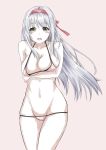  arm_under_breasts bare_shoulders bikini breasts cowboy_shot eyebrows_visible_through_hair hairband highres kantai_collection large_breasts long_hair looking_at_viewer midriff nakura_haru navel open_mouth red_hairband shoukaku_(kantai_collection) solo swimsuit white_hair 