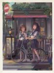  bicycle black_hair black_sailor_collar black_skirt brown_footwear brown_hair chitanda_eru full_body ground_vehicle highres hyouka ibara_mayaka kneehighs loafers long_hair long_legs multiple_girls no_entry_sign pleated_skirt psi_(583278318) purple_eyes red_eyes sailor_collar school_uniform serafuku shoes short_hair sign skirt standing white_legwear 